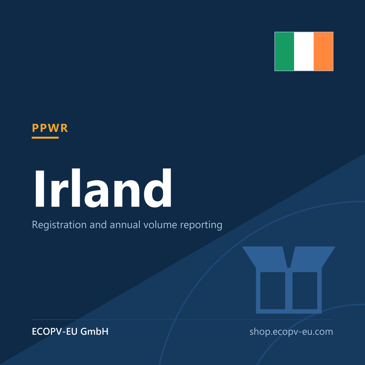 Verpackungen – Irland – Servicekarte mit Flagge Irland und Kennzeichnung „PPWR“. ECOPV-EU GmbH.