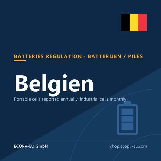 Batterien – Belgien – Servicekarte mit Flagge Belgien und Kennzeichnung „BATTERIES REGULATION · BATTERIJEN / PILES“. ECOPV-EU GmbH.