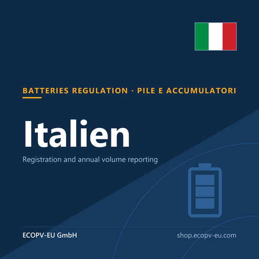 Batterien – Italien – Servicekarte mit Flagge Italien und Kennzeichnung „BATTERIES REGULATION · PILE E ACCUMULATORI“. ECOPV-EU GmbH.