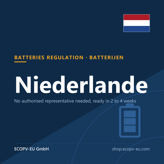 Batterien – Niederlande – Servicekarte mit Flagge Niederlande und Kennzeichnung „BATTERIES REGULATION · BATTERIJEN“. ECOPV-EU GmbH.