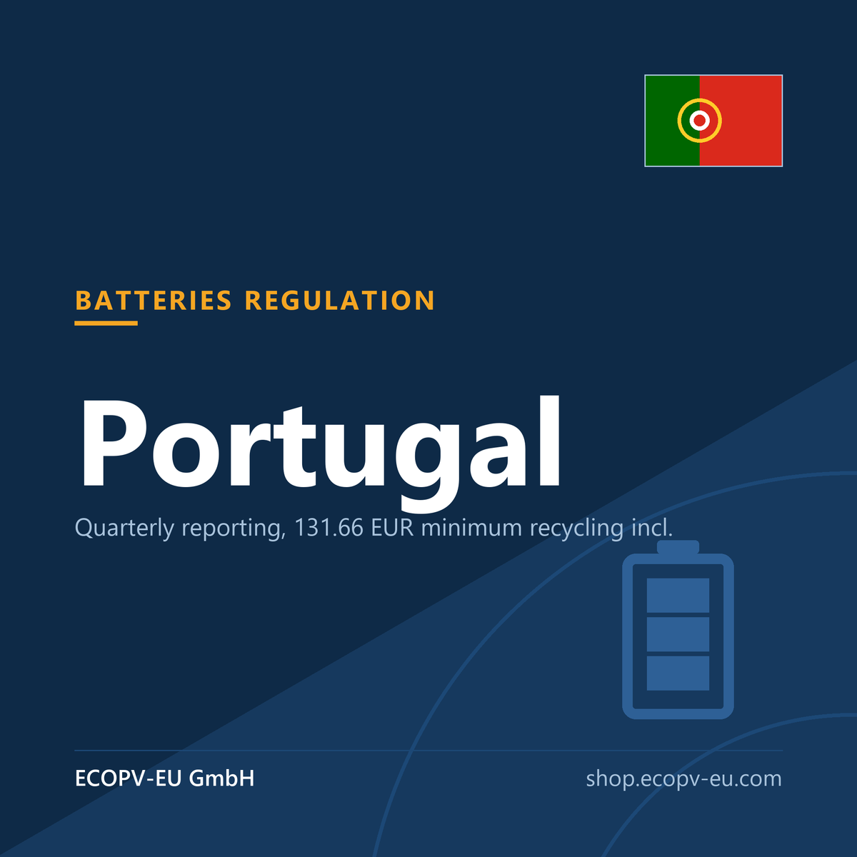Batterien – Portugal – Servicekarte mit Flagge Portugal und Kennzeichnung „BATTERIES REGULATION“. ECOPV-EU GmbH.