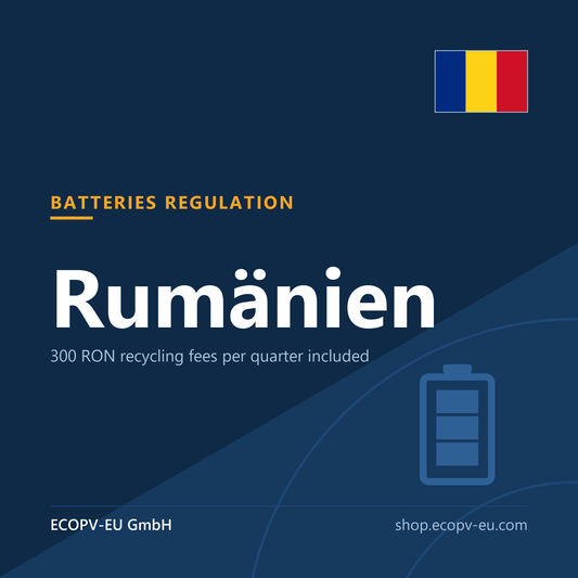 Batterien – Rumänien – Servicekarte mit Flagge Rumänien und Kennzeichnung „BATTERIES REGULATION“. ECOPV-EU GmbH.
