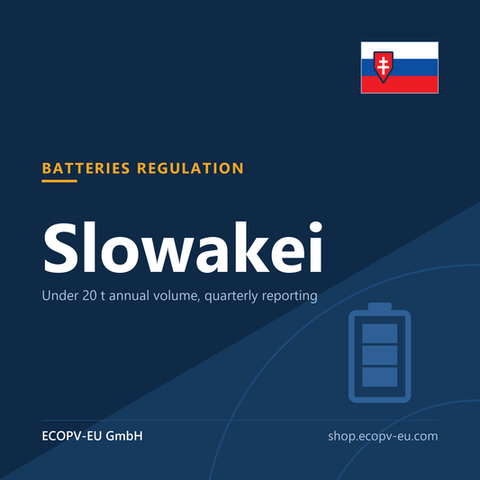 Batterien – Slowakei – Servicekarte mit Flagge Slowakei und Kennzeichnung „BATTERIES REGULATION“. ECOPV-EU GmbH.