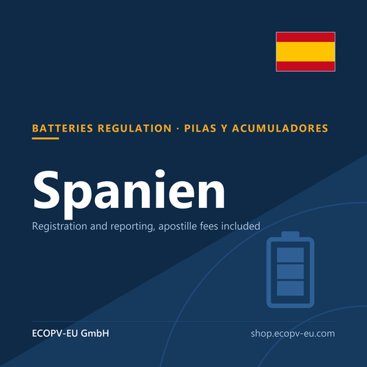 Batterien – Spanien – Servicekarte mit Flagge Spanien und Kennzeichnung „BATTERIES REGULATION · PILAS Y ACUMULADORES“. ECOPV-EU GmbH.