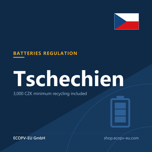 Batterien – Tschechien – Servicekarte mit Flagge Tschechien und Kennzeichnung „BATTERIES REGULATION“. ECOPV-EU GmbH.