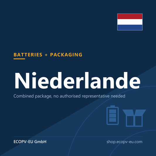 Batterien + Verpackungen – Niederlande (Kombipaket) – Servicekarte mit Flagge Niederlande und Kennzeichnung „BATTERIES + PACKAGING“. ECOPV-EU GmbH.
