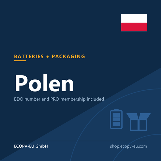 Batterien + Verpackungen – Polen (Kombipaket) – Servicekarte mit Flagge Polen und Kennzeichnung „BATTERIES + PACKAGING“. ECOPV-EU GmbH.