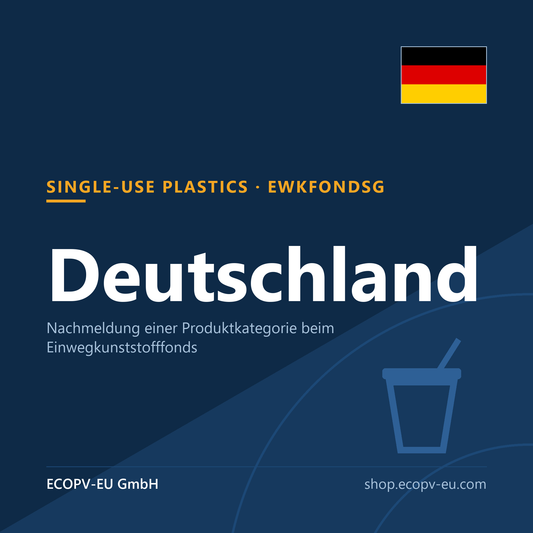 Einwegkunststoffe – Produktkategorie nachmelden – Servicekarte mit Flagge Deutschland und Kennzeichnung „SINGLE-USE PLASTICS · EWKFONDSG“. ECOPV-EU GmbH.