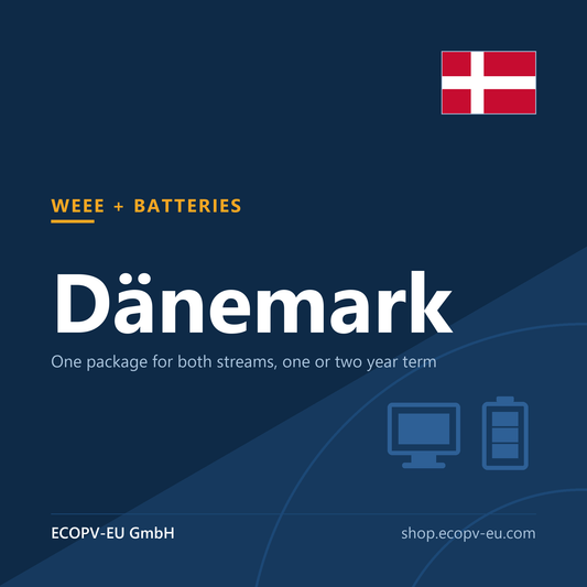 Elektrogeräte / Batterien – Dänemark – Servicekarte mit Flagge Dänemark und Kennzeichnung „WEEE + BATTERIES“. ECOPV-EU GmbH.