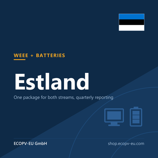 Elektrogeräte / Batterien – Estland – Servicekarte mit Flagge Estland und Kennzeichnung „WEEE + BATTERIES“. ECOPV-EU GmbH.