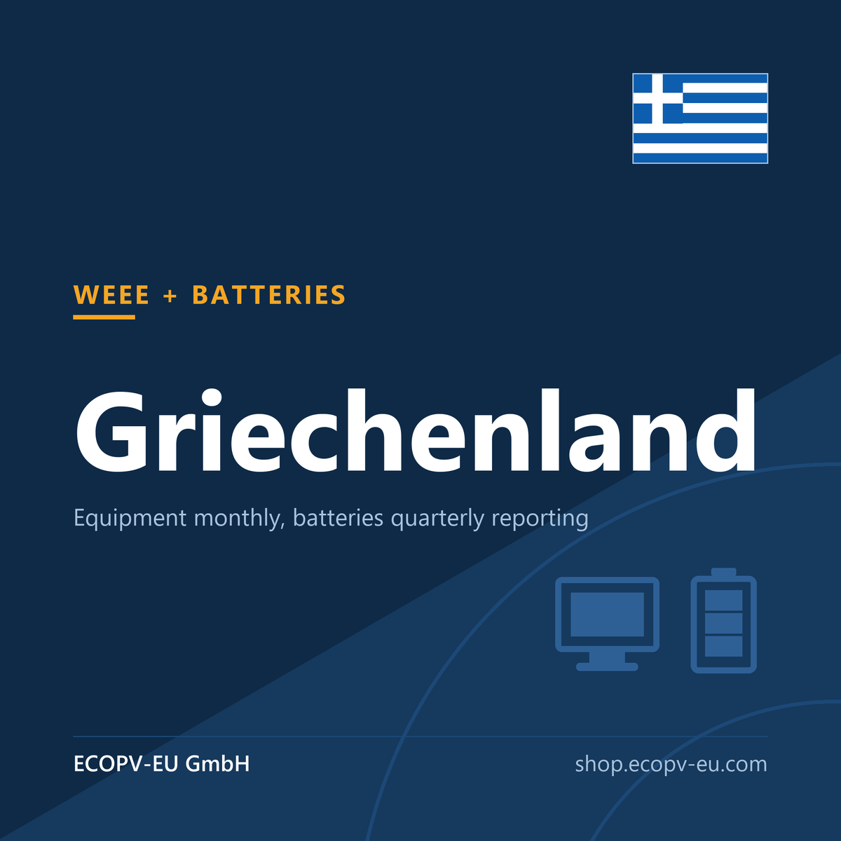 Elektrogeräte / Batterien – Griechenland – Servicekarte mit Flagge Griechenland und Kennzeichnung „WEEE + BATTERIES“. ECOPV-EU GmbH.
