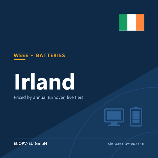 Elektrogeräte / Batterien – Irland – Servicekarte mit Flagge Irland und Kennzeichnung „WEEE + BATTERIES“. ECOPV-EU GmbH.
