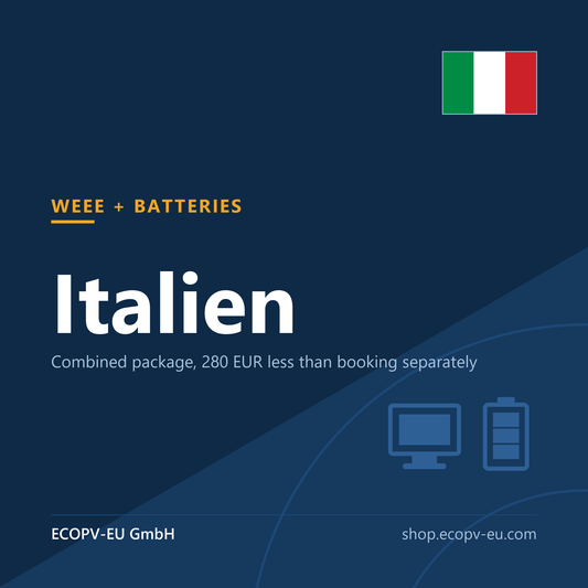 Elektrogeräte + Batterien – Italien (Kombipaket) – Servicekarte mit Flagge Italien und Kennzeichnung „WEEE + BATTERIES“. ECOPV-EU GmbH.