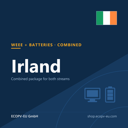 Elektrogeräte + Batterien – Irland (Kombipaket) – Servicekarte mit Flagge Irland und Kennzeichnung „WEEE + BATTERIES · COMBINED“. ECOPV-EU GmbH.