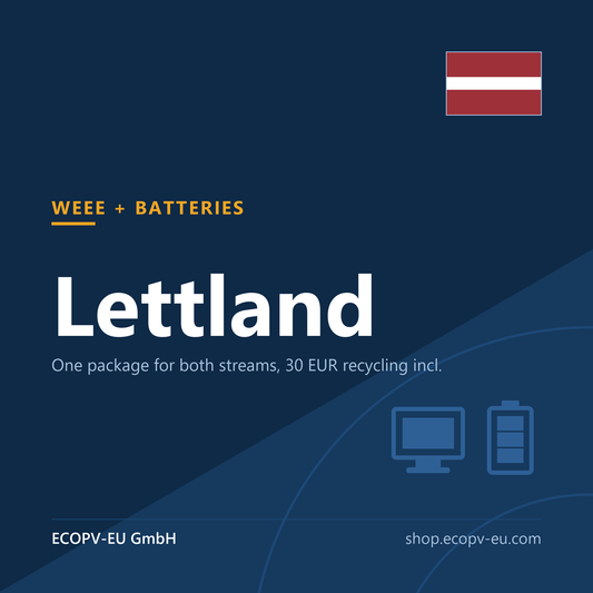 Elektrogeräte / Batterien – Lettland – Servicekarte mit Flagge Lettland und Kennzeichnung „WEEE + BATTERIES“. ECOPV-EU GmbH.