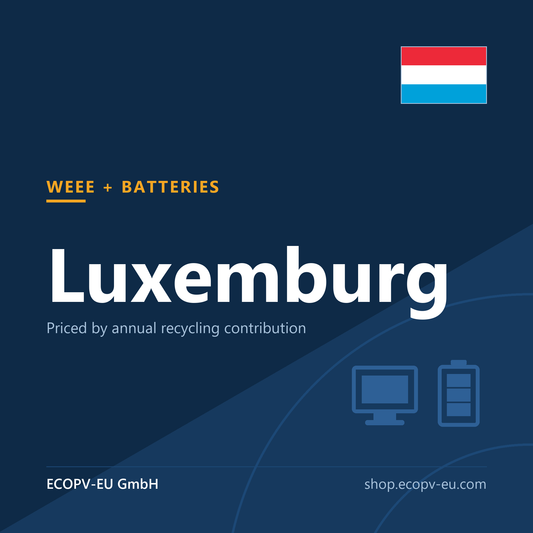 Elektrogeräte / Batterien – Luxemburg – Servicekarte mit Flagge Luxemburg und Kennzeichnung „WEEE + BATTERIES“. ECOPV-EU GmbH.
