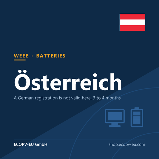 Elektrogeräte / Batterien – Österreich – Servicekarte mit Flagge Österreich und Kennzeichnung „WEEE + BATTERIES“. ECOPV-EU GmbH.