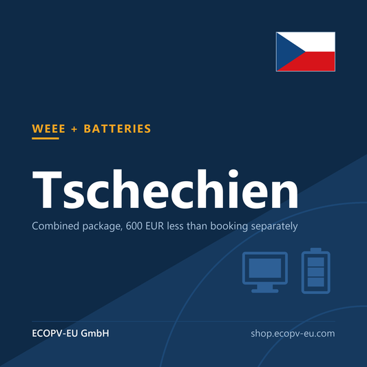 Elektrogeräte + Batterien – Tschechien (Kombipaket) – Servicekarte mit Flagge Tschechien und Kennzeichnung „WEEE + BATTERIES“. ECOPV-EU GmbH.