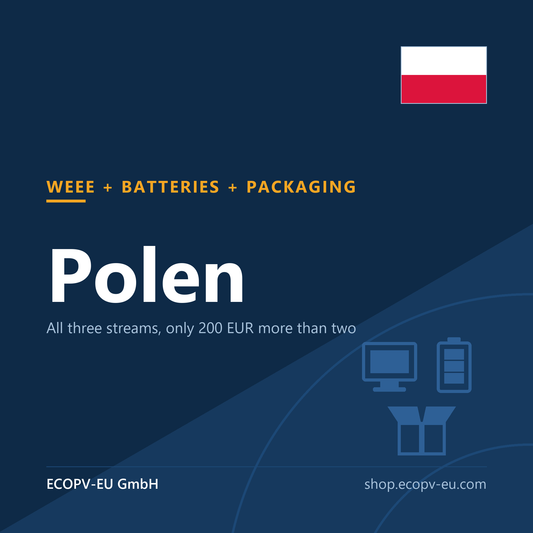 Elektrogeräte + Batterien + Verpackungen – Polen (Kombipaket) – Servicekarte mit Flagge Polen und Kennzeichnung „WEEE + BATTERIES + PACKAGING“. ECOPV-EU GmbH.
