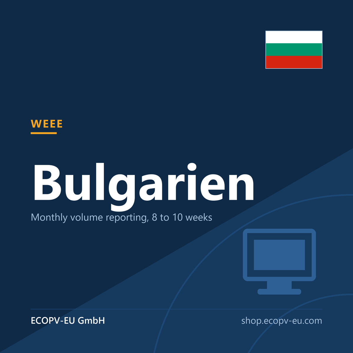 Elektrogeräte (WEEE) – Bulgarien – Servicekarte mit Flagge Bulgarien und Kennzeichnung „WEEE“. ECOPV-EU GmbH.