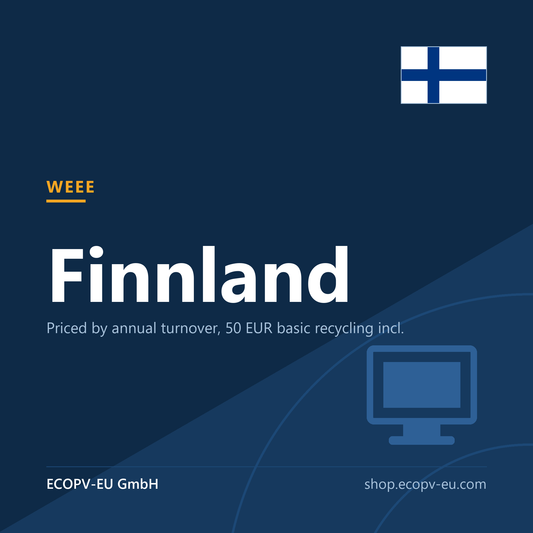Elektrogeräte (WEEE) – Finnland – Servicekarte mit Flagge Finnland und Kennzeichnung „WEEE“. ECOPV-EU GmbH.