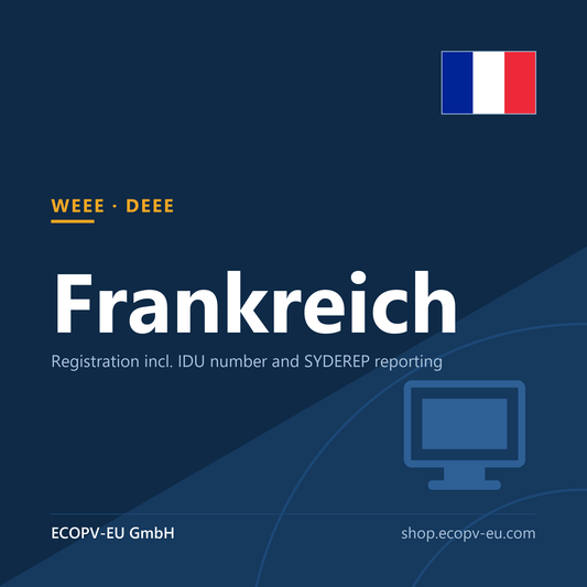 Elektrogeräte (WEEE) – Frankreich – Servicekarte mit Flagge Frankreich und Kennzeichnung „WEEE · DEEE“. ECOPV-EU GmbH.
