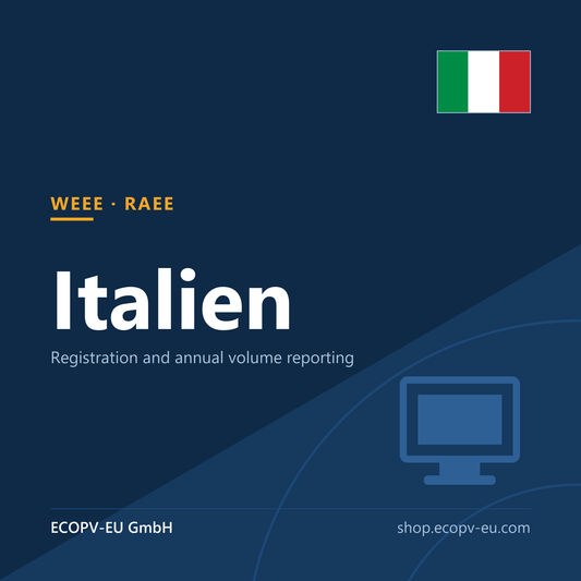 Elektrogeräte (WEEE) – Italien – Servicekarte mit Flagge Italien und Kennzeichnung „WEEE · RAEE“. ECOPV-EU GmbH.