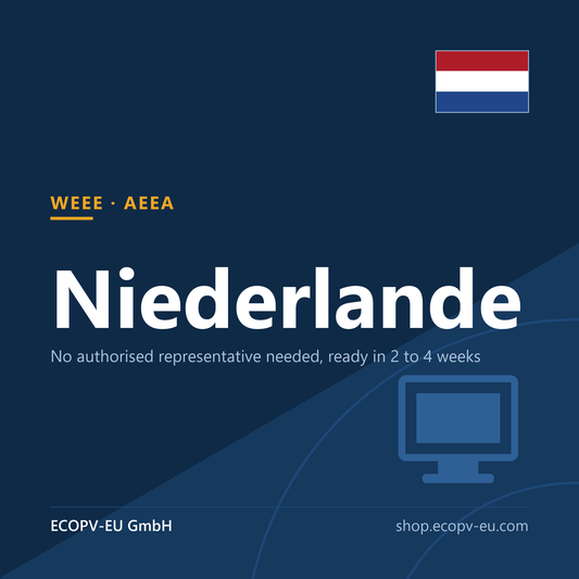 Elektrogeräte (WEEE) – Niederlande – Servicekarte mit Flagge Niederlande und Kennzeichnung „WEEE · AEEA“. ECOPV-EU GmbH.