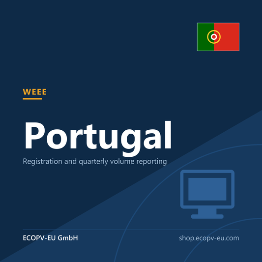 Elektrogeräte (WEEE) – Portugal – Servicekarte mit Flagge Portugal und Kennzeichnung „WEEE“. ECOPV-EU GmbH.