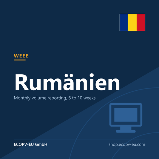 Elektrogeräte (WEEE) – Rumänien – Servicekarte mit Flagge Rumänien und Kennzeichnung „WEEE“. ECOPV-EU GmbH.