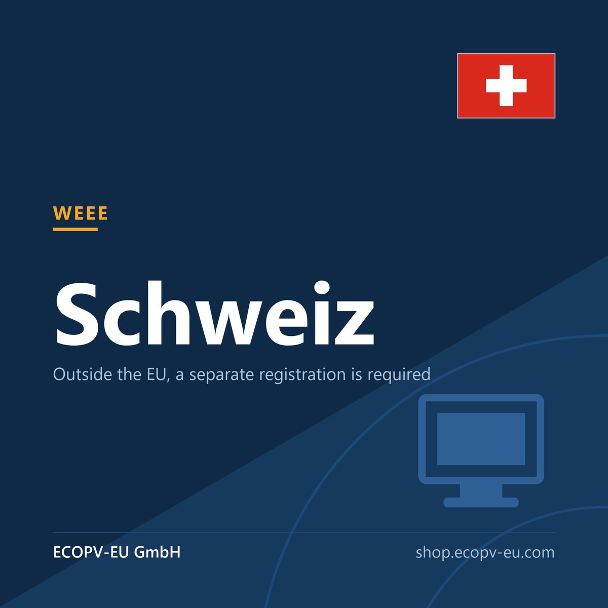 Elektrogeräte (WEEE) – Schweiz – Servicekarte mit Flagge Schweiz und Kennzeichnung „WEEE“. ECOPV-EU GmbH.