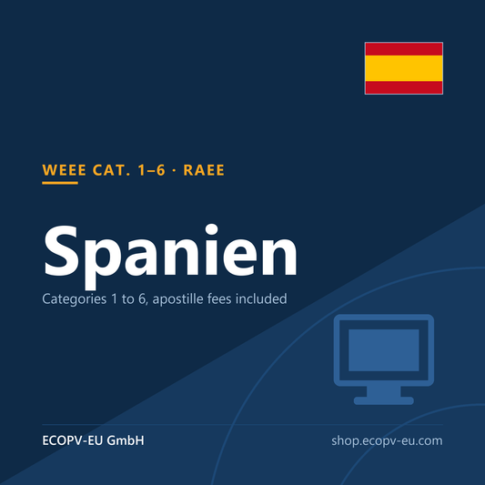 Elektrogeräte (WEEE) Kat. 1–6 – Spanien – Servicekarte mit Flagge Spanien und Kennzeichnung „WEEE CAT. 1–6 · RAEE“. ECOPV-EU GmbH.