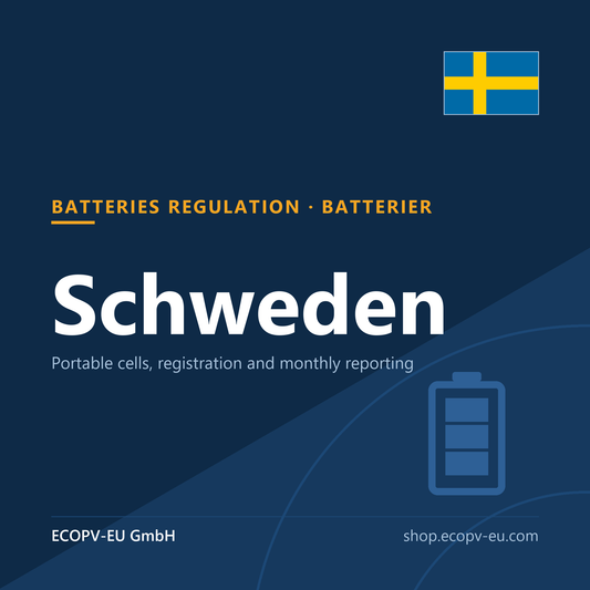Gerätebatterien – Schweden – Servicekarte mit Flagge Schweden und Kennzeichnung „BATTERIES REGULATION · BATTERIER“. ECOPV-EU GmbH.