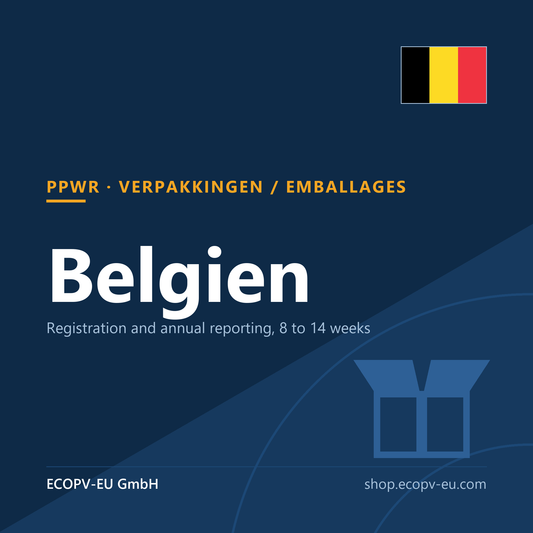 Verpackungen – Belgien – Servicekarte mit Flagge Belgien und Kennzeichnung „PPWR · VERPAKKINGEN / EMBALLAGES“. ECOPV-EU GmbH.