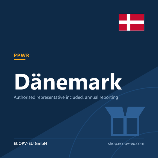 Verpackungen – Dänemark – Servicekarte mit Flagge Dänemark und Kennzeichnung „PPWR“. ECOPV-EU GmbH.