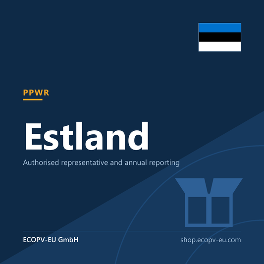 Verpackungen – Estland – Servicekarte mit Flagge Estland und Kennzeichnung „PPWR“. ECOPV-EU GmbH.
