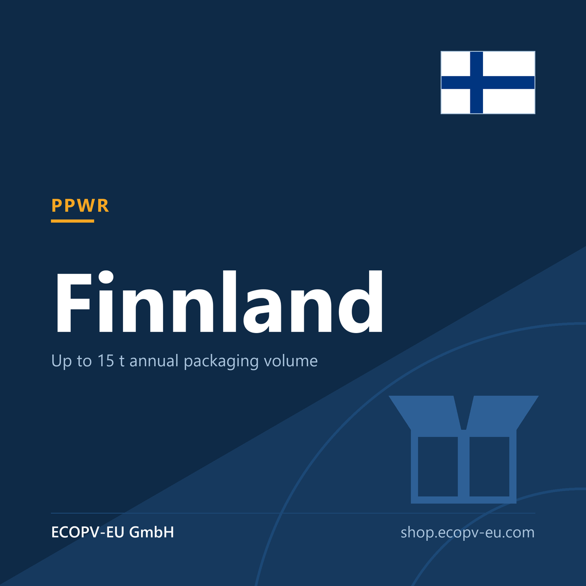 Verpackungen – Finnland – Servicekarte mit Flagge Finnland und Kennzeichnung „PPWR“. ECOPV-EU GmbH.