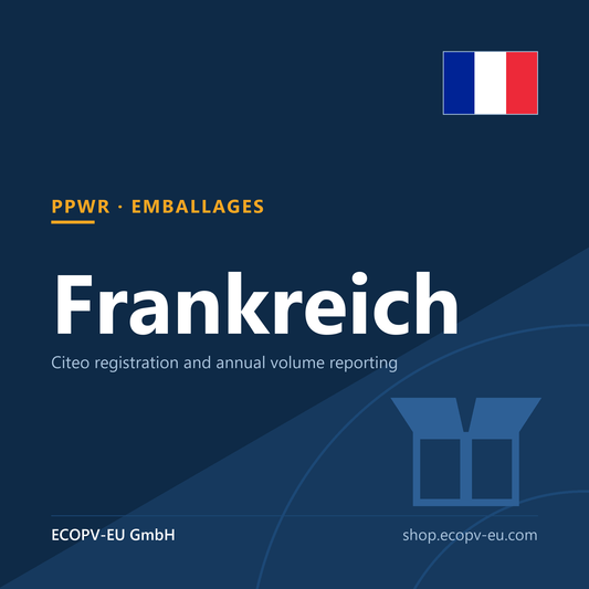 Verpackungen – Frankreich – Servicekarte mit Flagge Frankreich und Kennzeichnung „PPWR · EMBALLAGES“. ECOPV-EU GmbH.