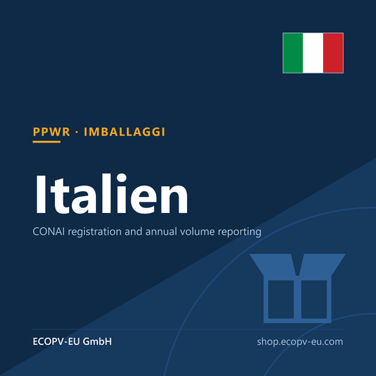 Verpackungen – Italien – Servicekarte mit Flagge Italien und Kennzeichnung „PPWR · IMBALLAGGI“. ECOPV-EU GmbH.