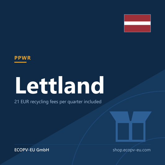 Verpackungen – Lettland – Servicekarte mit Flagge Lettland und Kennzeichnung „PPWR“. ECOPV-EU GmbH.