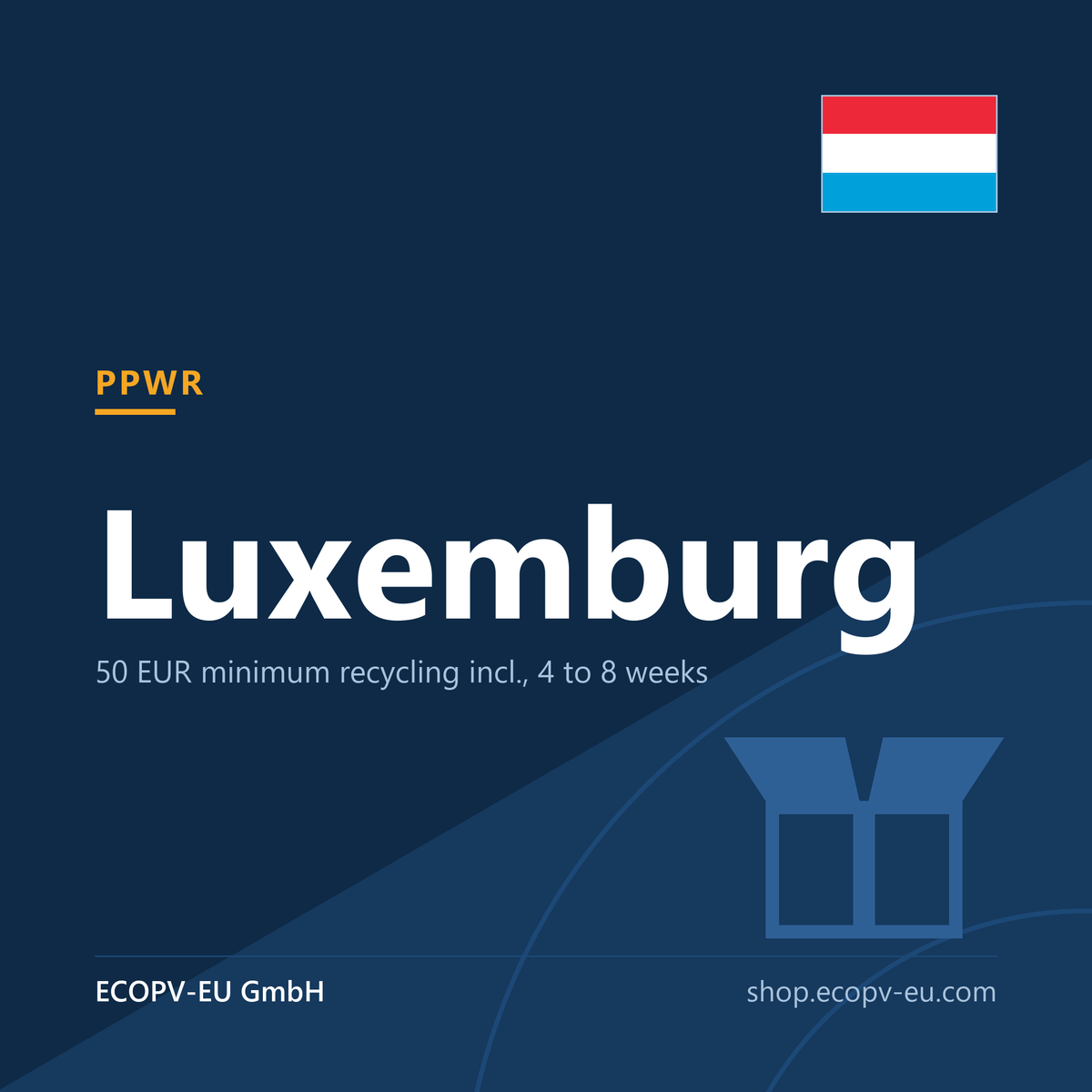 Verpackungen – Luxemburg – Servicekarte mit Flagge Luxemburg und Kennzeichnung „PPWR“. ECOPV-EU GmbH.