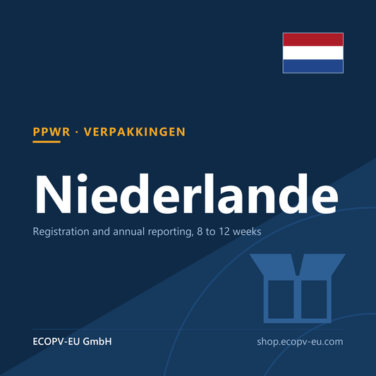 Verpackungen – Niederlande – Servicekarte mit Flagge Niederlande und Kennzeichnung „PPWR · VERPAKKINGEN“. ECOPV-EU GmbH.