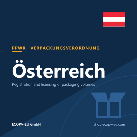 Verpackungen – Österreich – Servicekarte mit Flagge Österreich und Kennzeichnung „PPWR · VERPACKUNGSVERORDNUNG“. ECOPV-EU GmbH.