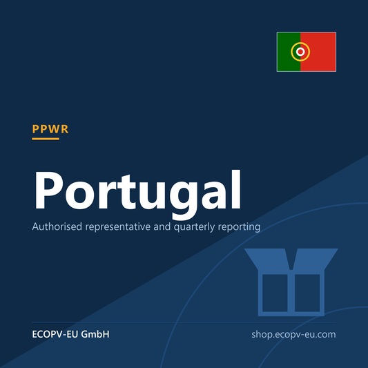 Verpackungen – Portugal – Servicekarte mit Flagge Portugal und Kennzeichnung „PPWR“. ECOPV-EU GmbH.