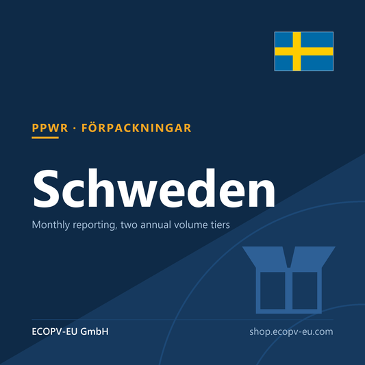 Verpackungen – Schweden – Servicekarte mit Flagge Schweden und Kennzeichnung „PPWR · FÖRPACKNINGAR“. ECOPV-EU GmbH.
