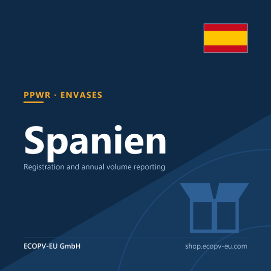 Verpackungen – Spanien – Servicekarte mit Flagge Spanien und Kennzeichnung „PPWR · ENVASES“. ECOPV-EU GmbH.
